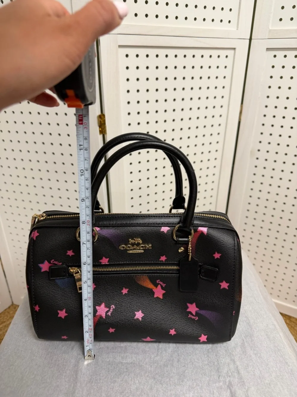 Coach Rowan Satchel Canvas Leather Shooting Disco Star Print Medium Black Pink - Picture 7 of 8